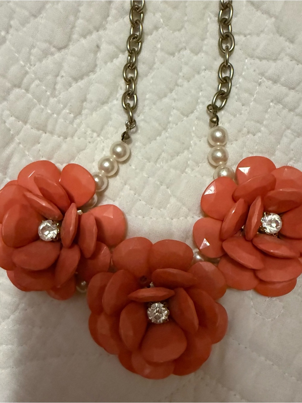 Vintage Gold Coral Flower Statement Necklace with Pearl Accents
